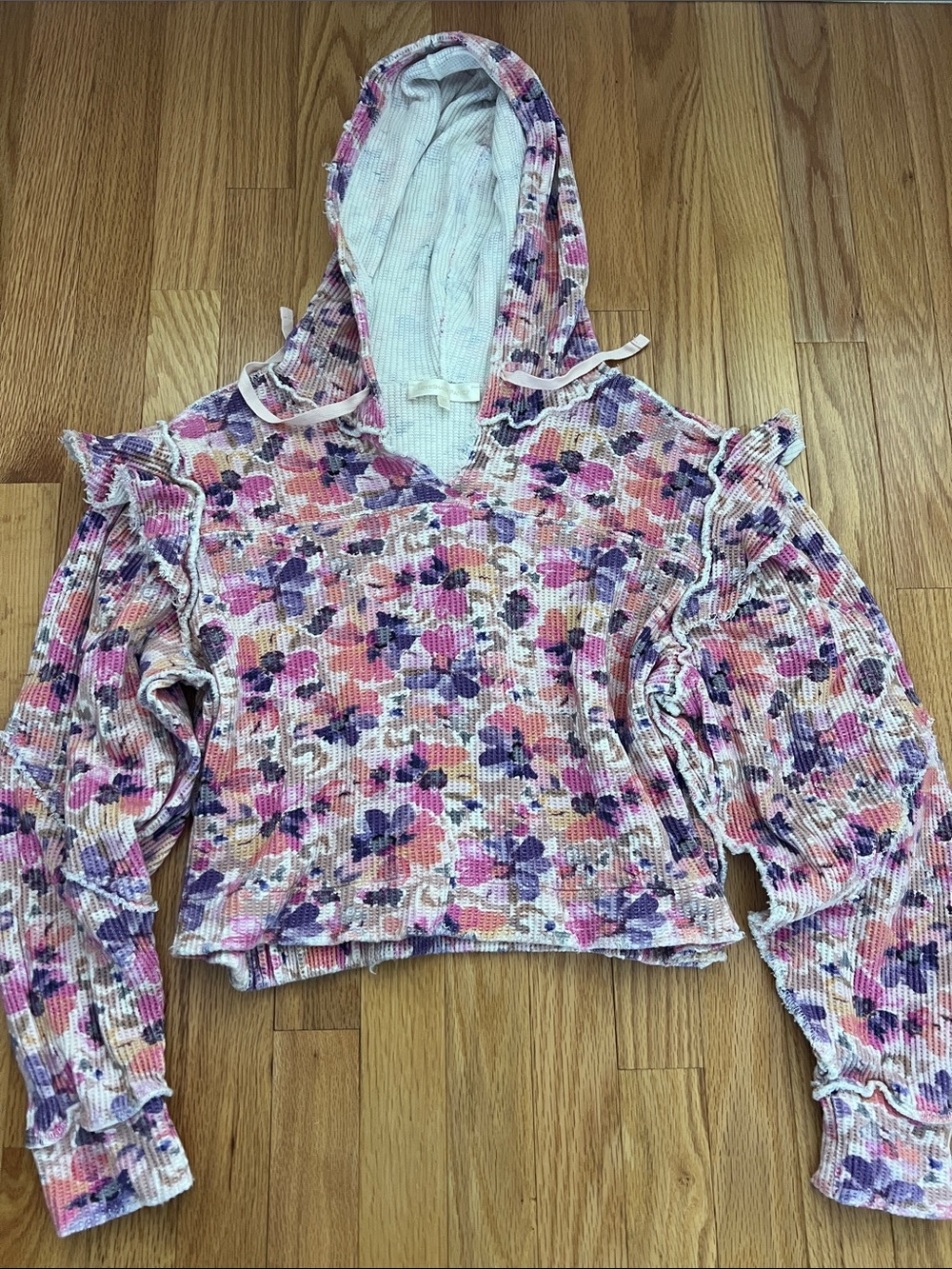 Love Shack Fancy Floral Pink & Purple Cold-Shoulder Hoodie Top